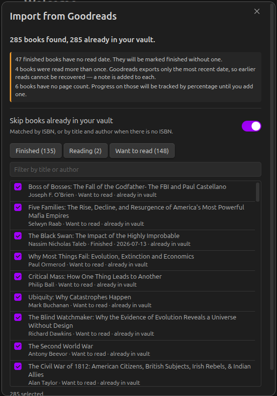 The Goodreads import screen: a count of books found, a panel of warnings about lossy fields, and a scrollable list of books with individual checkboxes.