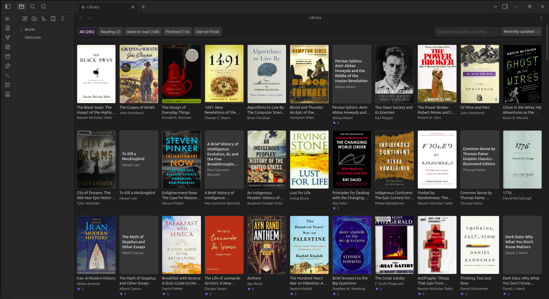 The Dogear library view in Obsidian: a grid of book covers with shelf tabs across the top, a search box, and a sort control.