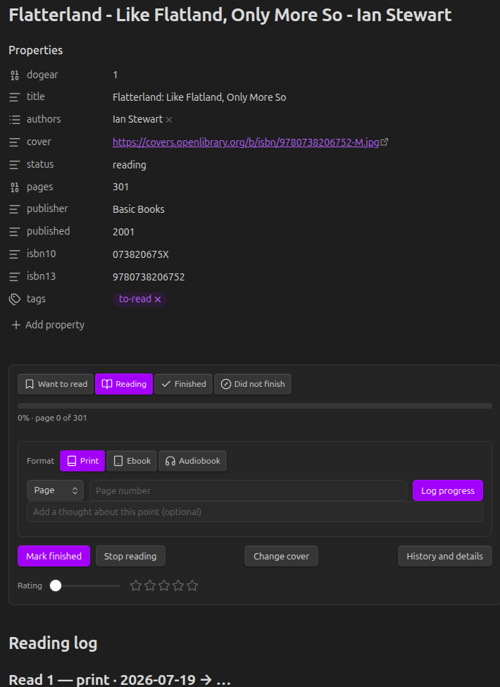 The Dogear panel inside a book note: shelf buttons, a progress bar, a format picker, a unit selector, and controls to log progress or finish the book.