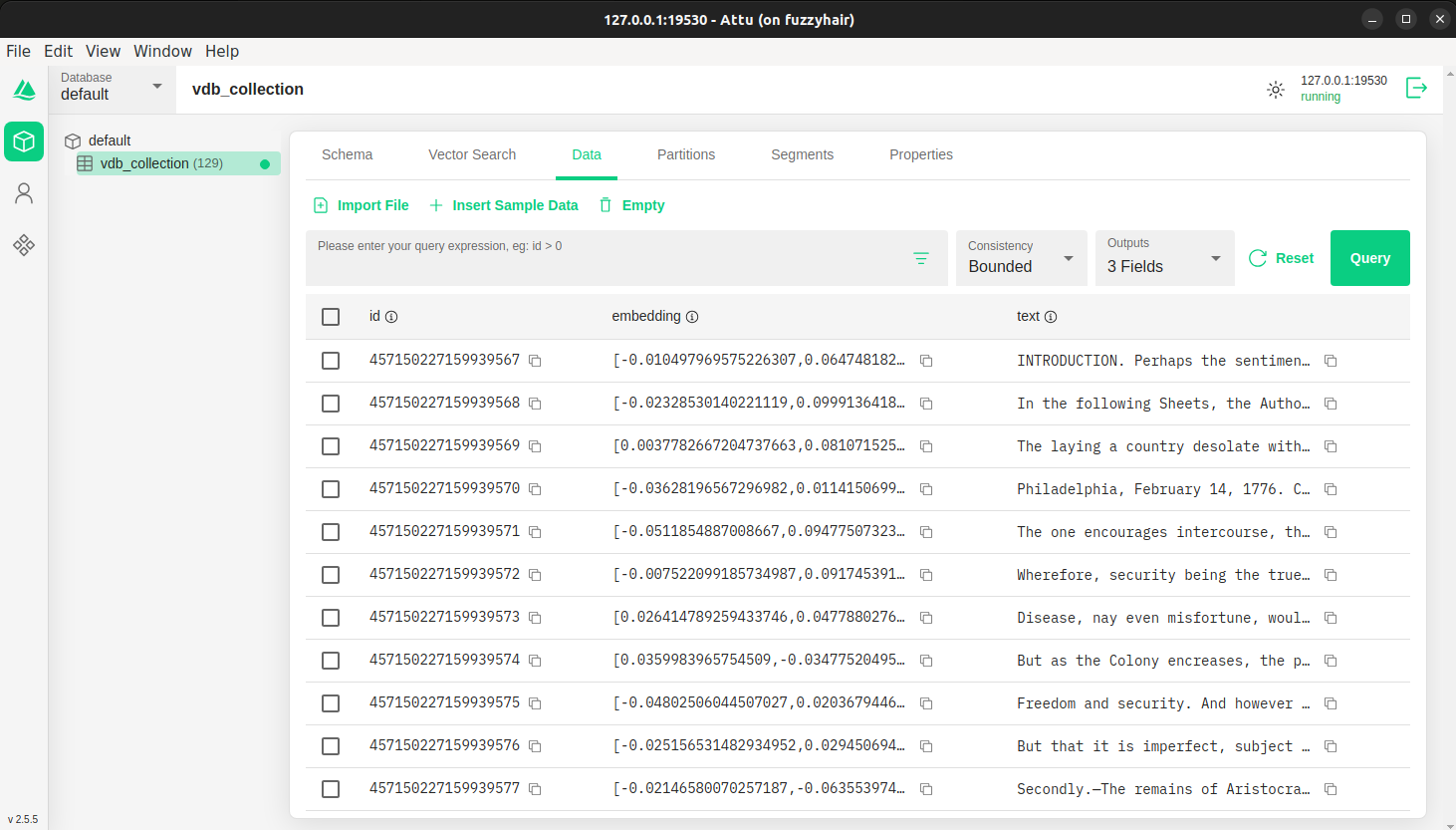 attu showing the vector database