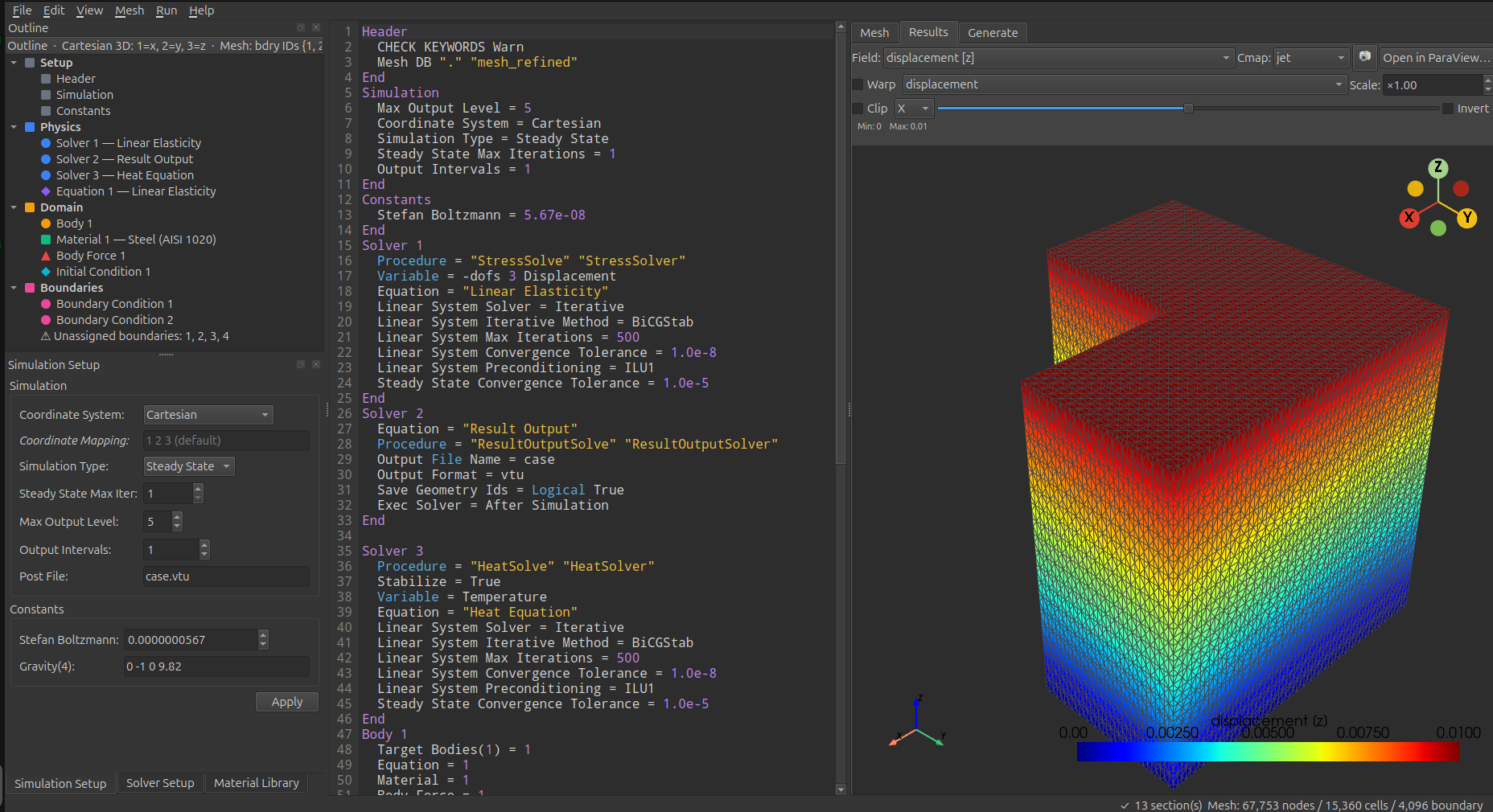 Full editor view: outline tree on the left, syntax-highlighted SIF in the middle, integrated VTK results viewer on the right showing displacement field on a meshed solid