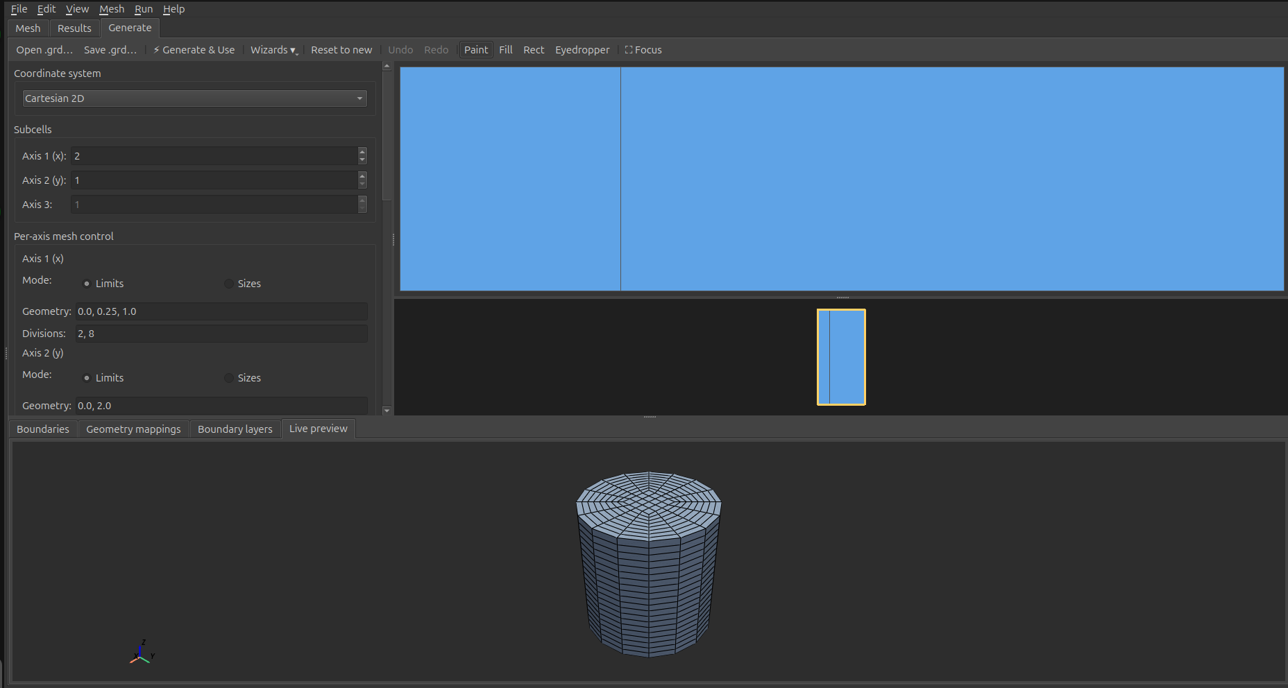 Mesh generator with subcell controls on the left, 2D paint canvas on the right, and a live 3D preview of the resulting cylinder mesh below