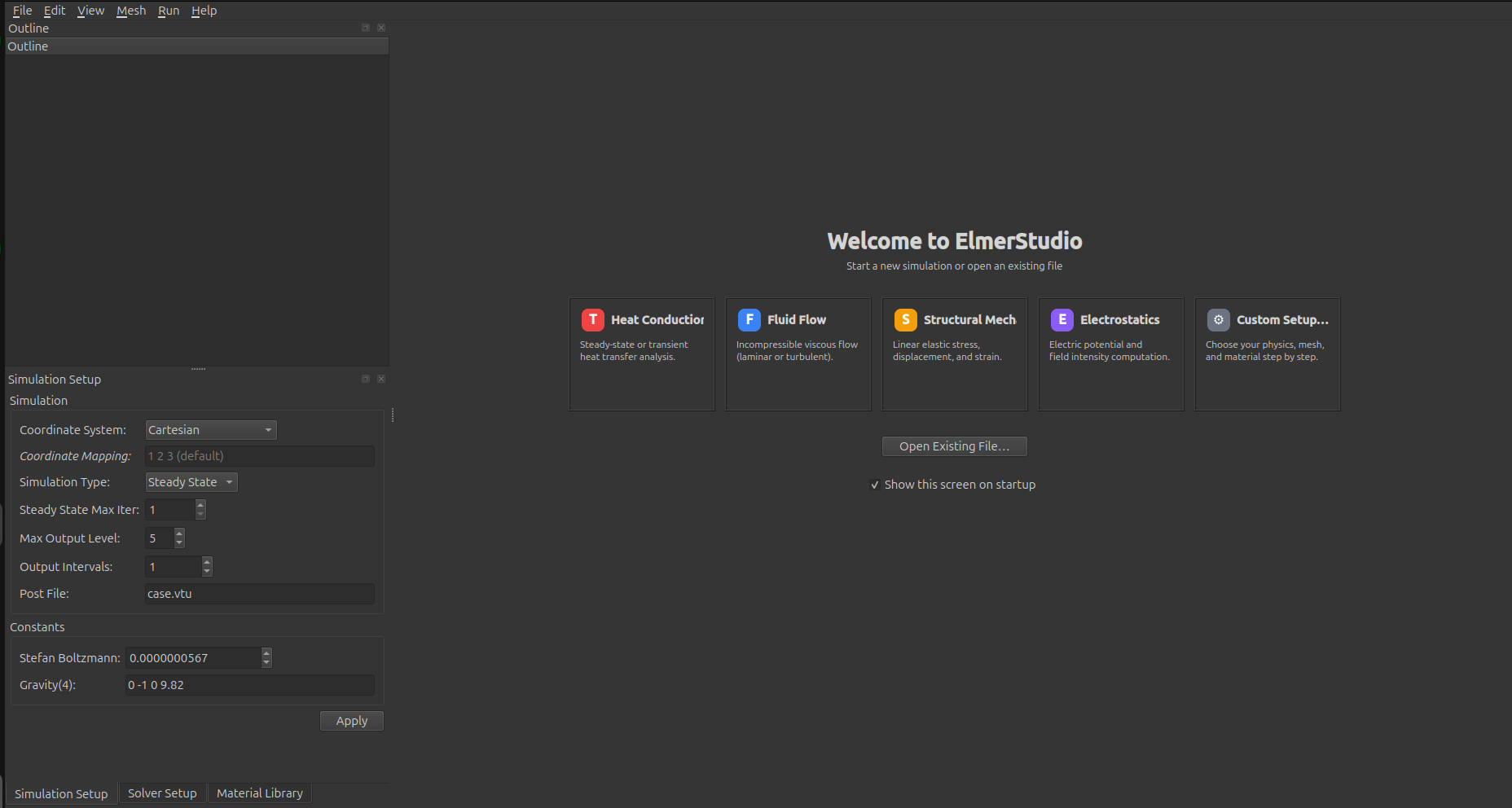 ElmerStudio welcome screen showing four physics templates plus a Custom Setup wizard, with the Simulation Setup form pre-populated with defaults