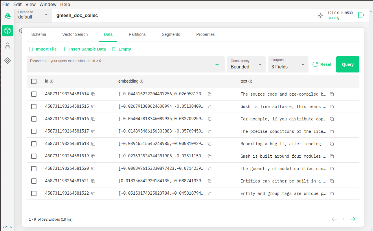 milvus collection created from gmsh documentation