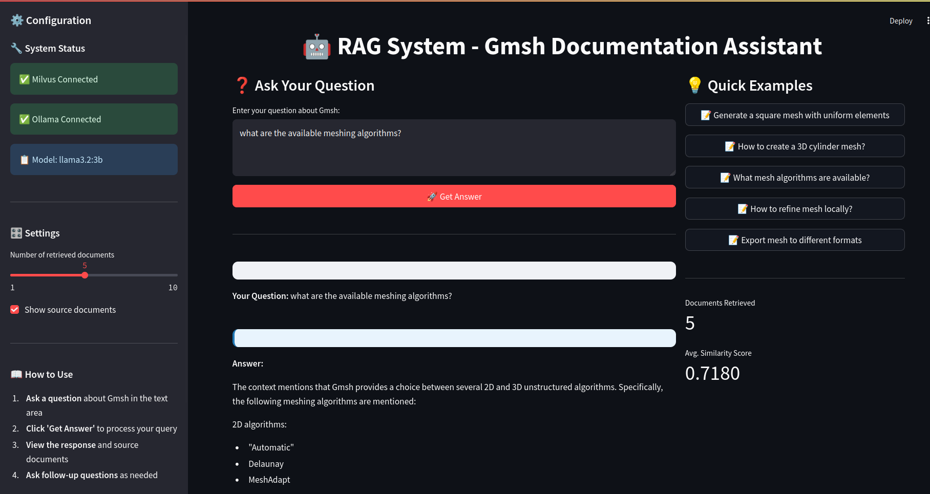 streamlit interface for the rag system