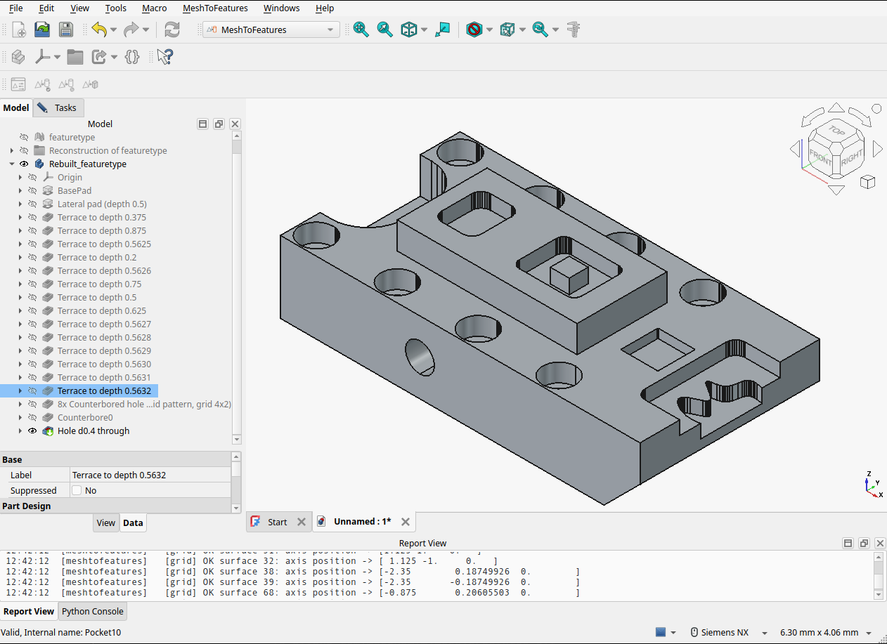A machined test part rebuilt as a full PartDesign feature tree